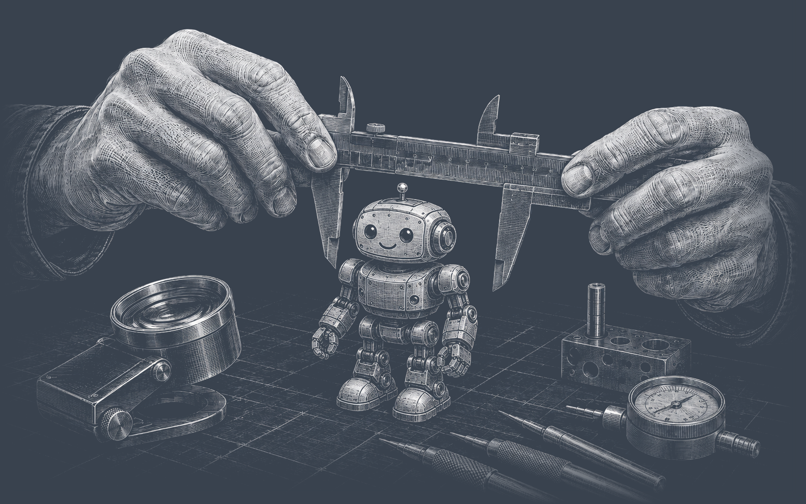 Human hands using calipers to measure a small robot, with a magnifying loupe and gauges nearby