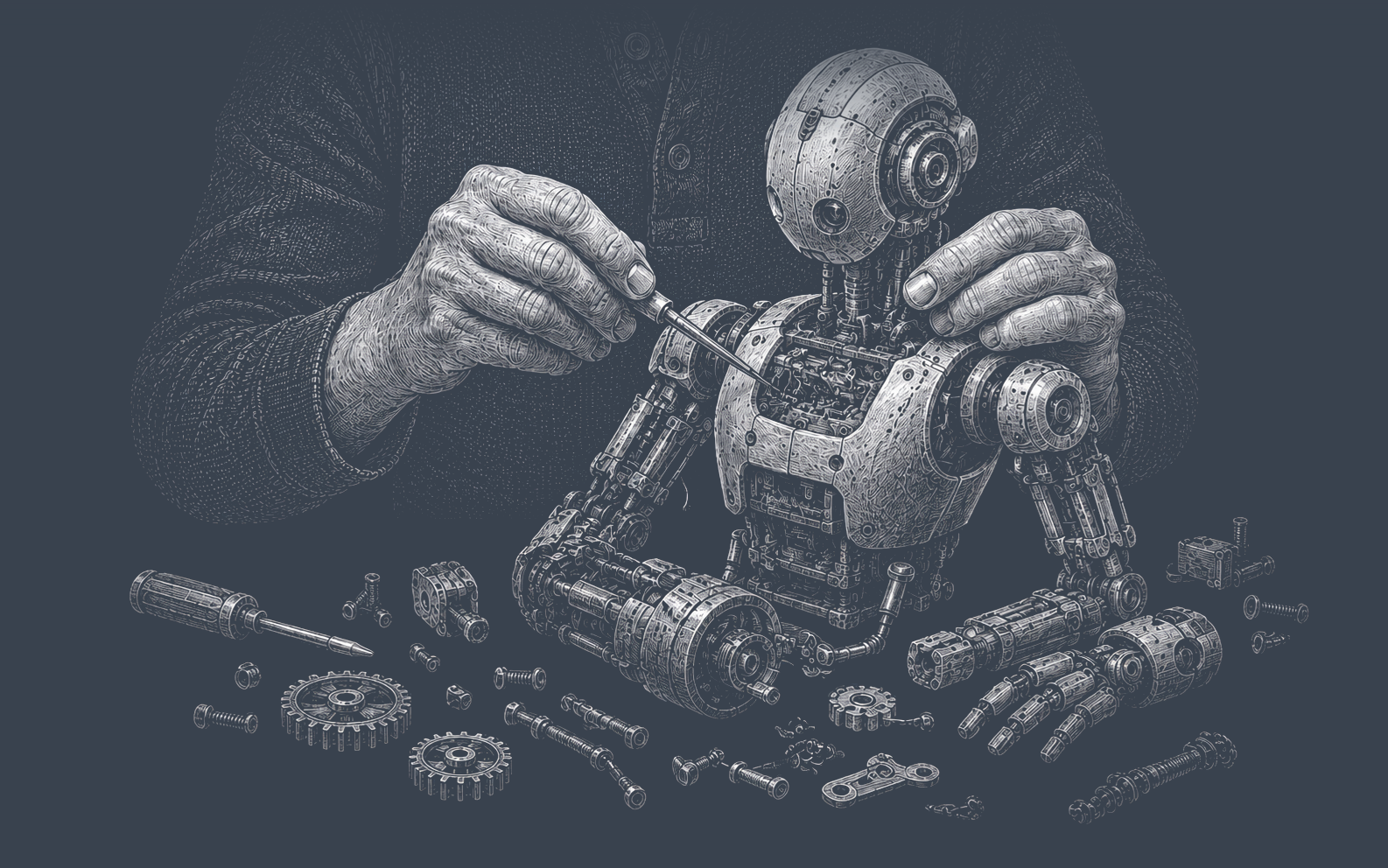 Human hands assembling a small robot