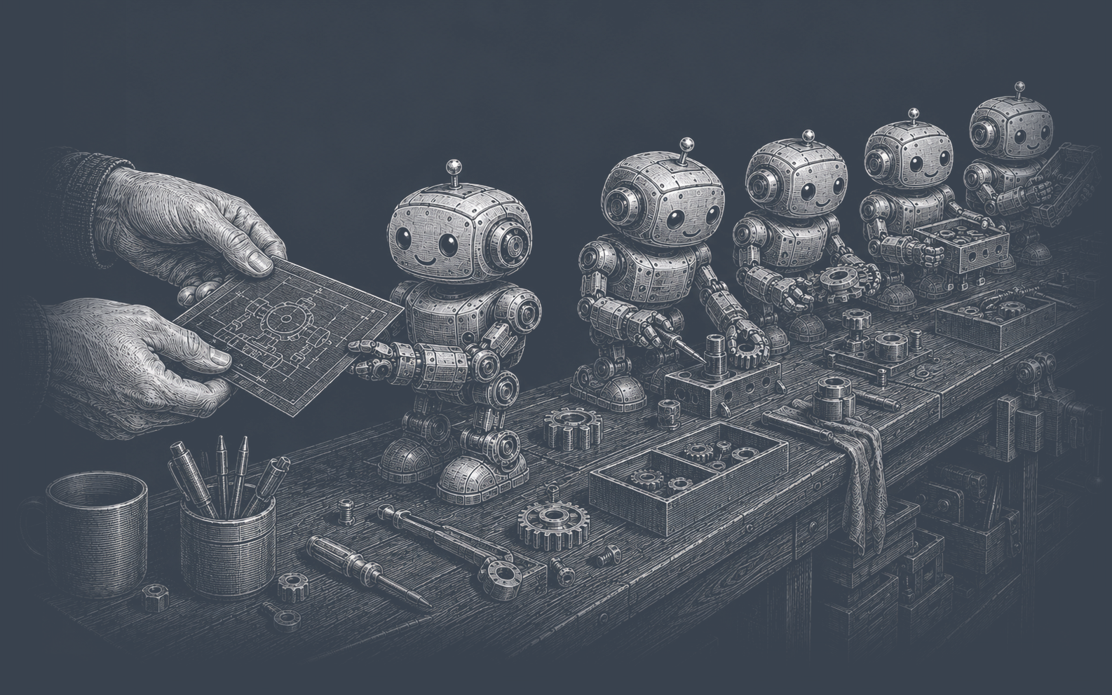 Human hands handing a paper blueprint to the first in a line of small robots assembling parts along a workbench